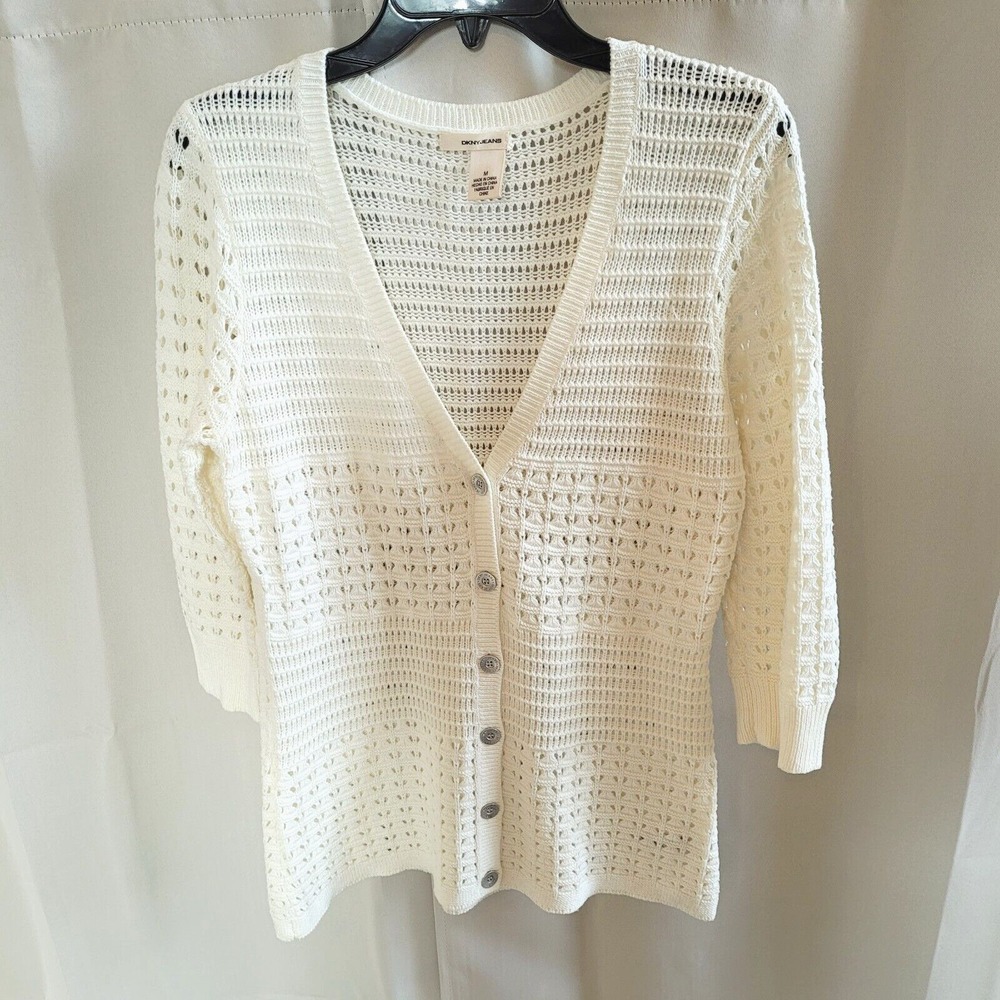 DKNY Womens Cardigan Medium Cream Button Up Coquette Pointelle Open Knit 17416x